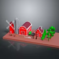 Rural Farm Scene Model With Red Barn Windmill Silos Small House And Green Trees