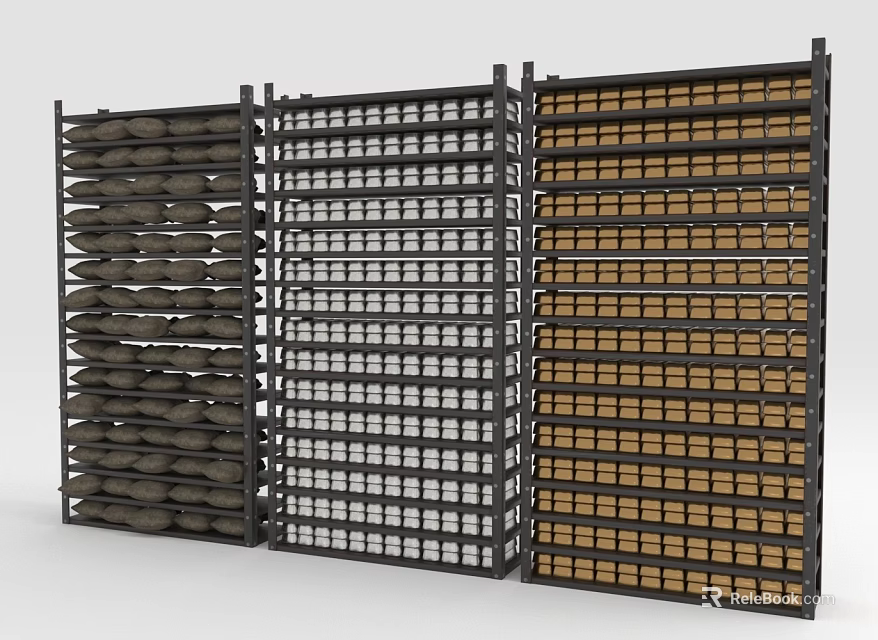 Neatly Stacked Household Items Storage With Metal Shelves And Various Colored Bags 3d model 