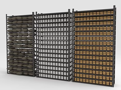 Neatly Stacked Household Items Storage With Metal Shelves And Various Colored Bags 3d model