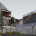Multi Story Waterfront Commercial Street with Stone Glass Buildings Balconies Wooden Railing and Street Lamps