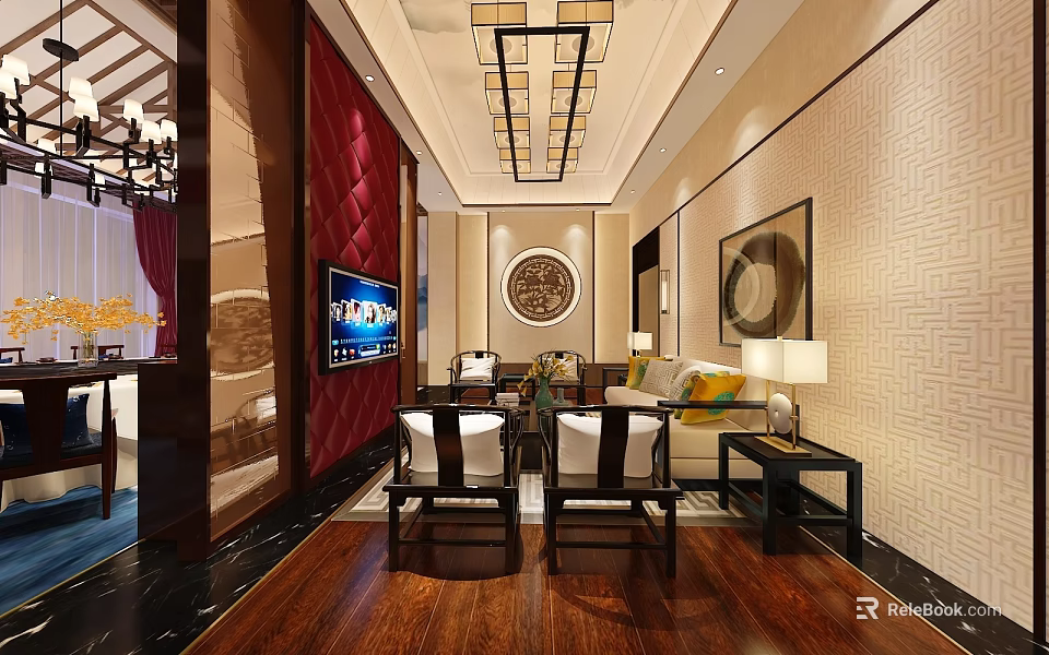 Chinese Style Clubhouse Interior With Mahogany Furniture Red Walls Chandelier And Circular Decor 3d model 