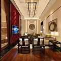 Chinese Style Clubhouse Interior With Mahogany Furniture Red Walls Chandelier And Circular Decor