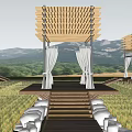 Elegant Wooden Pergola Layered Roof Design With White Curtains Mountain View Walkway