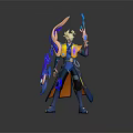 Anime Game Character With Blonde Hair Yellow Blue Outfit Holding Blue Orange Weapons Standing In Dark Background