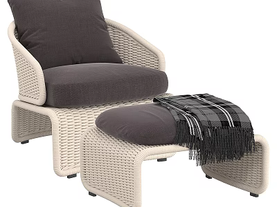 Comfortable Wicker Leisure Chair with Gray Cushion Ottoman and Plaid Blanket 3d model