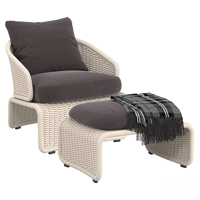 Comfortable Wicker Leisure Chair with Gray Cushion Ottoman and Plaid Blanket 3d model