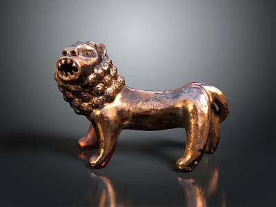 Copper Lion Statue With Curly Mane Open Mouth Standing On Dark Background With Reflection 3d model