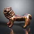 Copper Lion Statue With Curly Mane Open Mouth Standing On Dark Background With Reflection