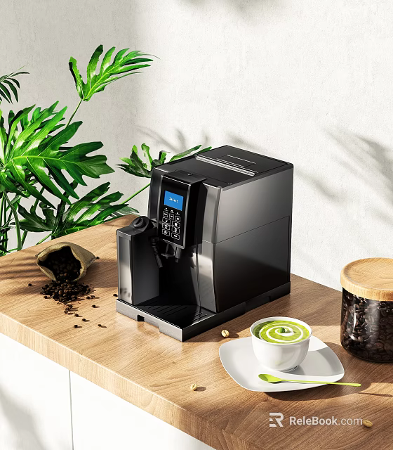Modern Black Coffee Machine On Wooden Kitchen Counter With Green Latte And Coffee Beans 3d model 