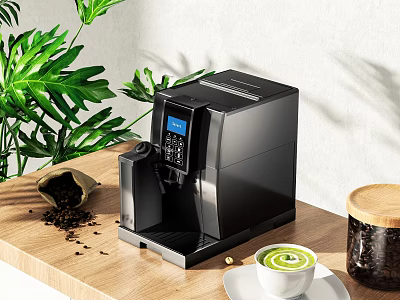 Modern Black Coffee Machine On Wooden Kitchen Counter With Green Latte And Coffee Beans 3d model