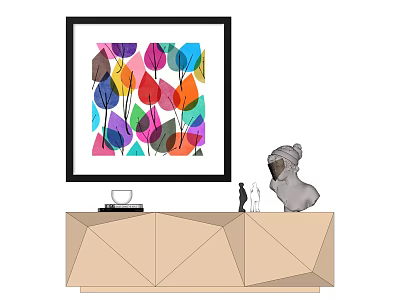Colorful Leaf Artwork On Geometric Console Table With Sculpture And Decor Items 3d model