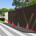 Modern Feature Wall Design With Green Lawn Trees And Paved Ground In Front Of Building