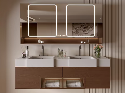 Modern Stylish Bathroom Vanity Design With Double Sink Mirror Storage And Decor 3d model