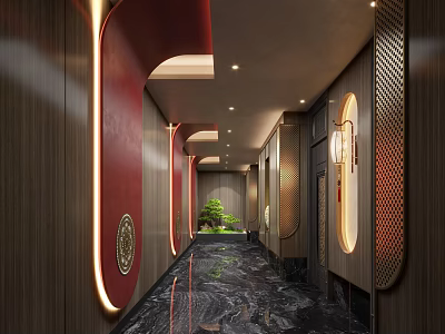 Traditional Chinese Hotel Corridor Interior With Red Wall Decor Wooden Panels And Ambient Lighting 3d model