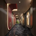 Traditional Chinese Hotel Corridor Interior With Red Wall Decor Wooden Panels And Ambient Lighting