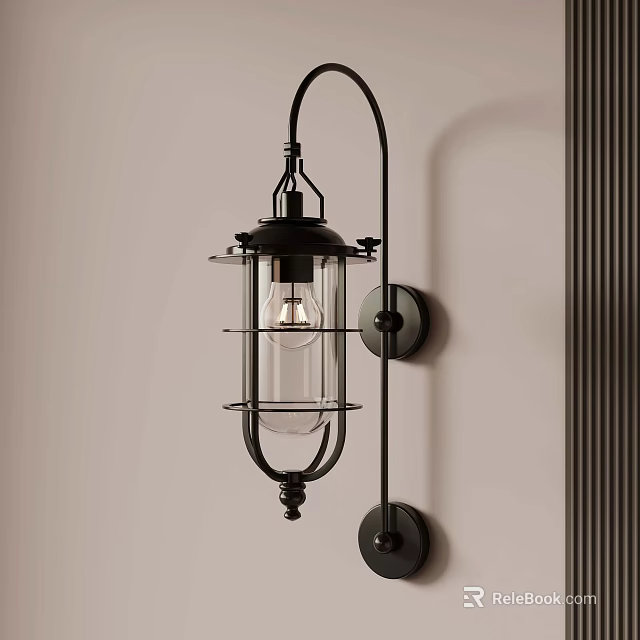 Vintage Industrial Wall Mounted Lamp With Black Metal Frame And Glass Shade 3d model 