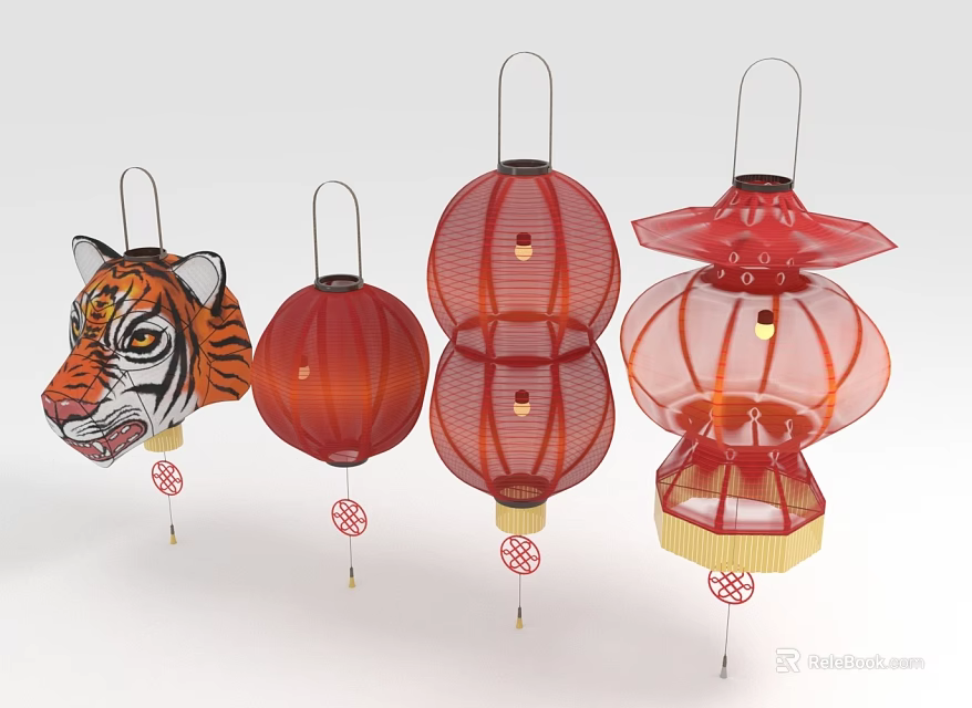 Traditional Chinese Red Lanterns Featuring Tiger Head Design And Classic Styles 3d model 
