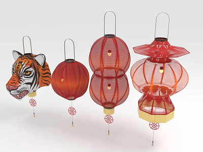 Traditional Chinese Red Lanterns Featuring Tiger Head Design And Classic Styles 3d model