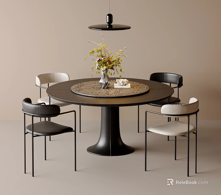 Round Dark Dining Table With Black And White Chairs And Pendant Light With Vase Flowers 3d model 
