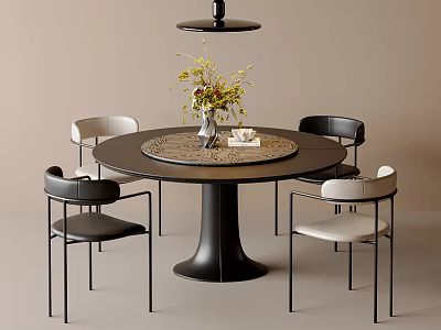 Round Dark Dining Table With Black And White Chairs And Pendant Light With Vase Flowers 3d model