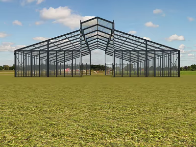 Large Glass Steel Building Standing On Green Field Under Blue Sky With White Clouds 3d model