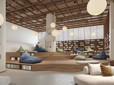 Book Art Space With Wooden Ceiling Round Lantern Lights Stepped Seating And Bookshelves 3d model