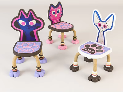 Colorful Kids Chairs With Cartoon Cat Design Paw Print Seats And Rope Wrapped Legs 3d model