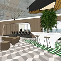 Modern Public Office Space With Bookshelves Geometric Floor Large Windows And Green Plants