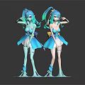 Two Blue Haired Bunny Ears Game Movie Character Figures With Blue Dresses And Flowing Base