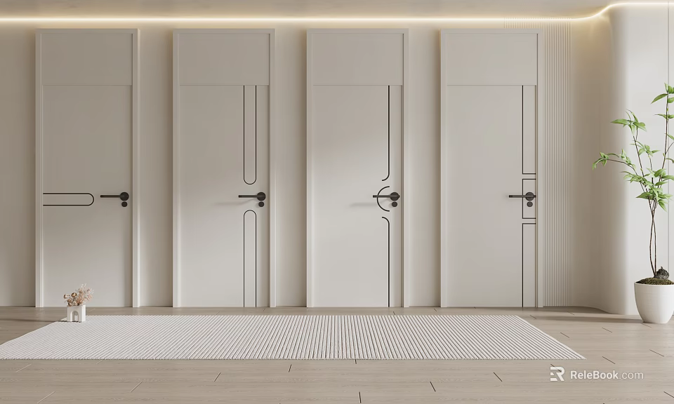 Modern White Flush Interior Doors With Simple Design And Black Handles 3d model 