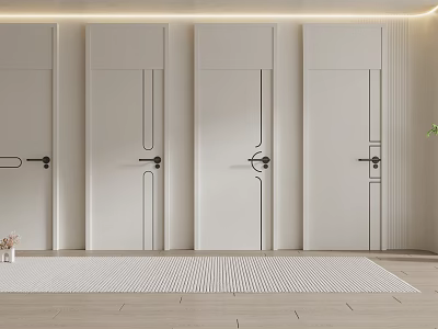 Modern White Flush Interior Doors With Simple Design And Black Handles 3d model