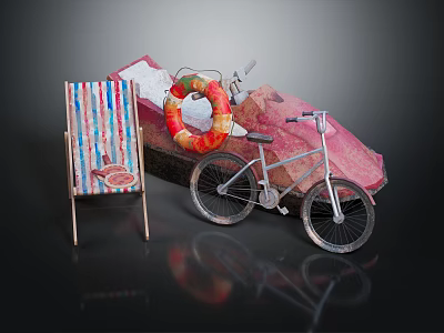 Vibrant Pink Water Boat With Lifebuoy Bicycle And Beach Chair 3d model