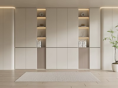 Modern White Bookcase With Open Shelves Books LED Lighting Decorative Items And Wooden Floor 3d model