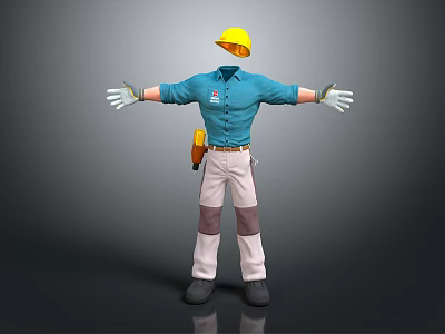 Construction Workwear With Yellow Hard Hat Blue Shirt White Gloves And Beige Pants 3d model