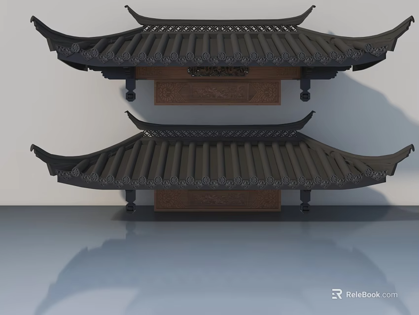 Traditional Chinese Roof Structures With Tile Covering Upturned Eaves And Carved Panels 3d model 