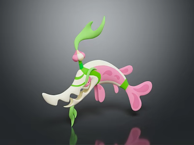 Stylized 3D Decorative Creature With Green Leafy Appendages Pink Fins And White Body 3d model