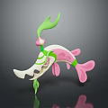 Stylized 3D Decorative Creature With Green Leafy Appendages Pink Fins And White Body