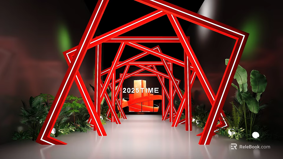 Red Geometric Art Installation With Neon Light Effect Featuring 2023TIME Text And Green Plant Decorations 3d model 