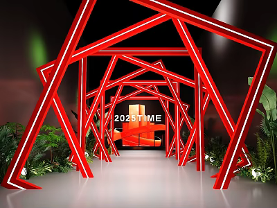 Red Geometric Art Installation With Neon Light Effect Featuring 2023TIME Text And Green Plant Decorations 3d model
