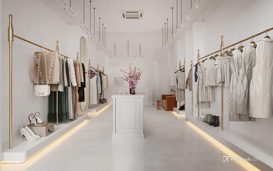 Modern Bright White Clothing Store Spacious Interior Clothing Racks Central Display Table Pink Flowers Accessories 3d model 