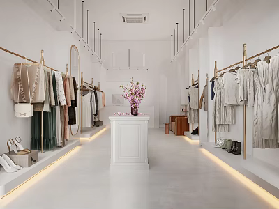 Modern Bright White Clothing Store Spacious Interior Clothing Racks Central Display Table Pink Flowers Accessories 3d model