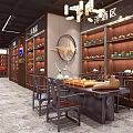 Modern Tobacco and Alcohol Store Interior with Shelves Display Cabinets and Chinese Style Decoration