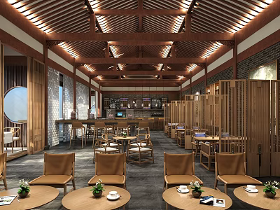 Chinese Style Wooden Cafe Interior With Traditional Roof And Round Windows 3d model