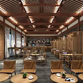 Chinese Style Wooden Cafe Interior With Traditional Roof And Round Windows