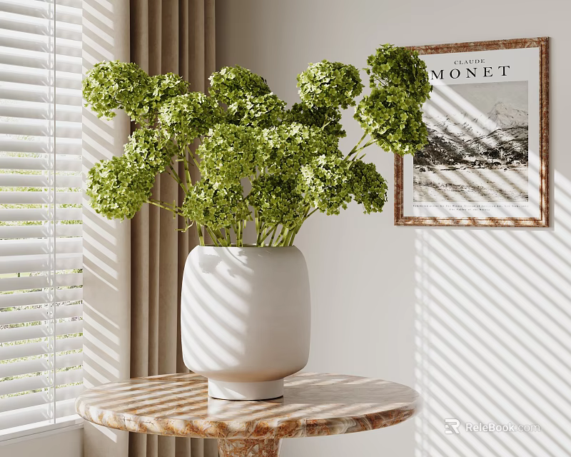 Decorative Ornament Set With White Vase Green Hydrangea Flowers Marble Top Table And MONET Artwork 3d model 
