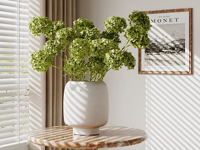 Decorative Ornament Set With White Vase Green Hydrangea Flowers Marble Top Table And MONET Artwork 3d model