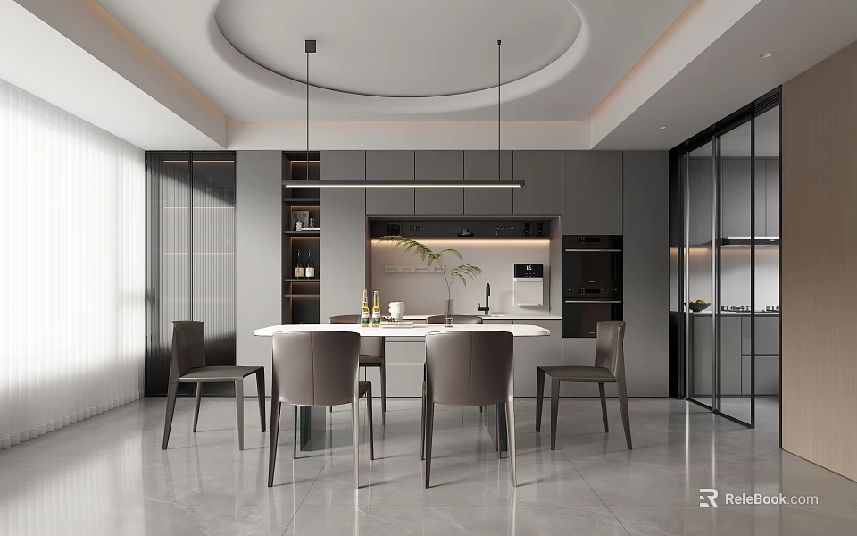 Modern Open Concept Restaurant Interior Design With Dining Table Chairs And Pendant Lights 3d model 