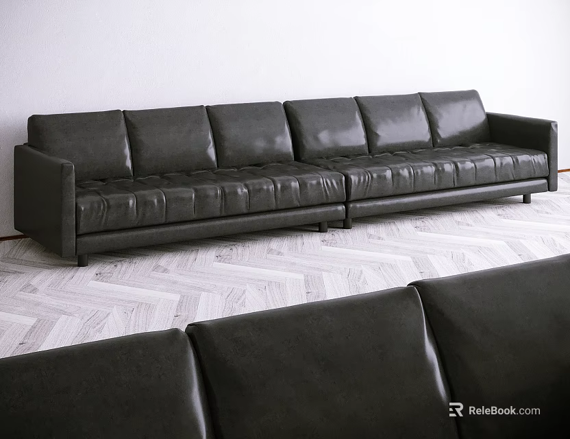 Stylish Modern Black Leather Multi Person Sofa Interior With Herringbone Floor 3d model
