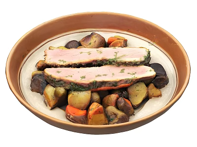 Roasted Sliced Meat With Herbs Served On Bowl With Mixed Roasted Vegetables 3d model