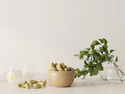 Elegant Decorative Ornament Set With Glassware Lemon Slices Cashews Green Leaves And Vase On Light Tabletop 3d model